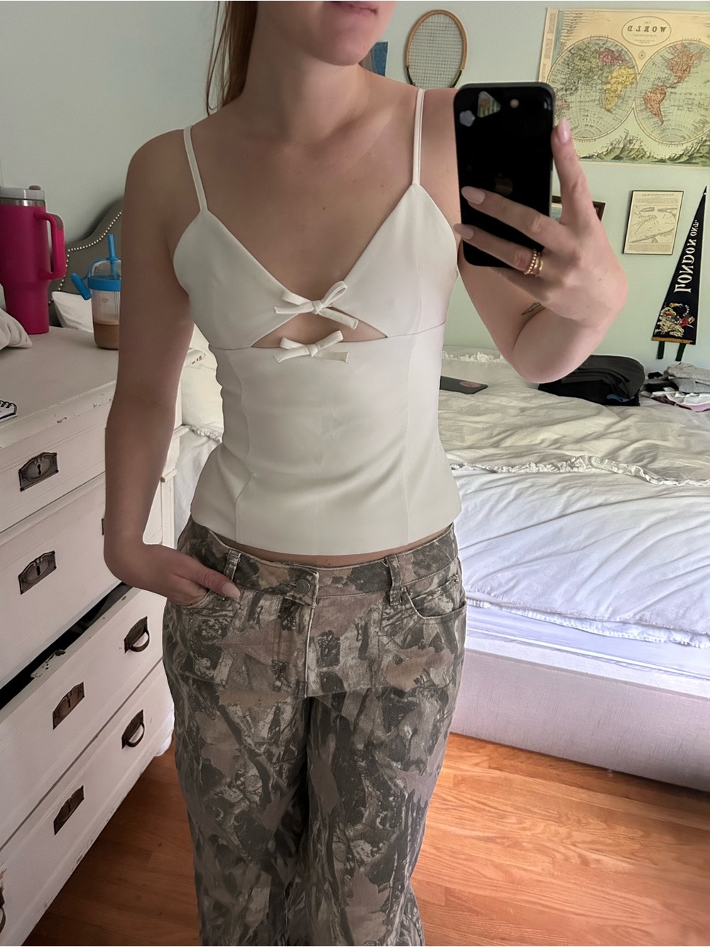 Zara White Bow-Front Spaghetti Strap Cami
